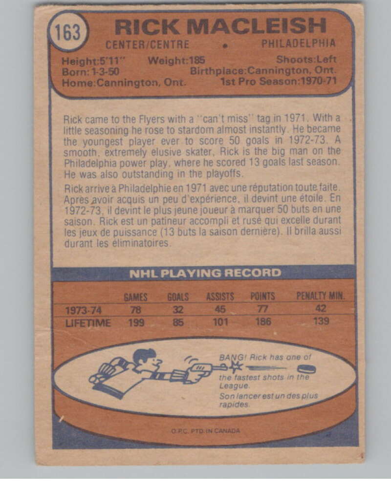 1974-75 O-Pee-Chee #163 Rick MacLeish NHL Philadelphia Flyers  V103366 Image 2