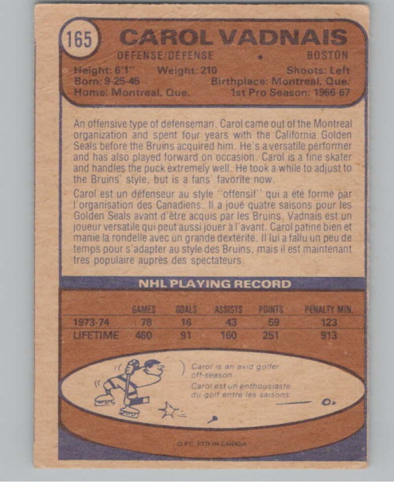 1974-75 O-Pee-Chee #165 Carol Vadnais NHL Boston Bruins  V103368 Image 2