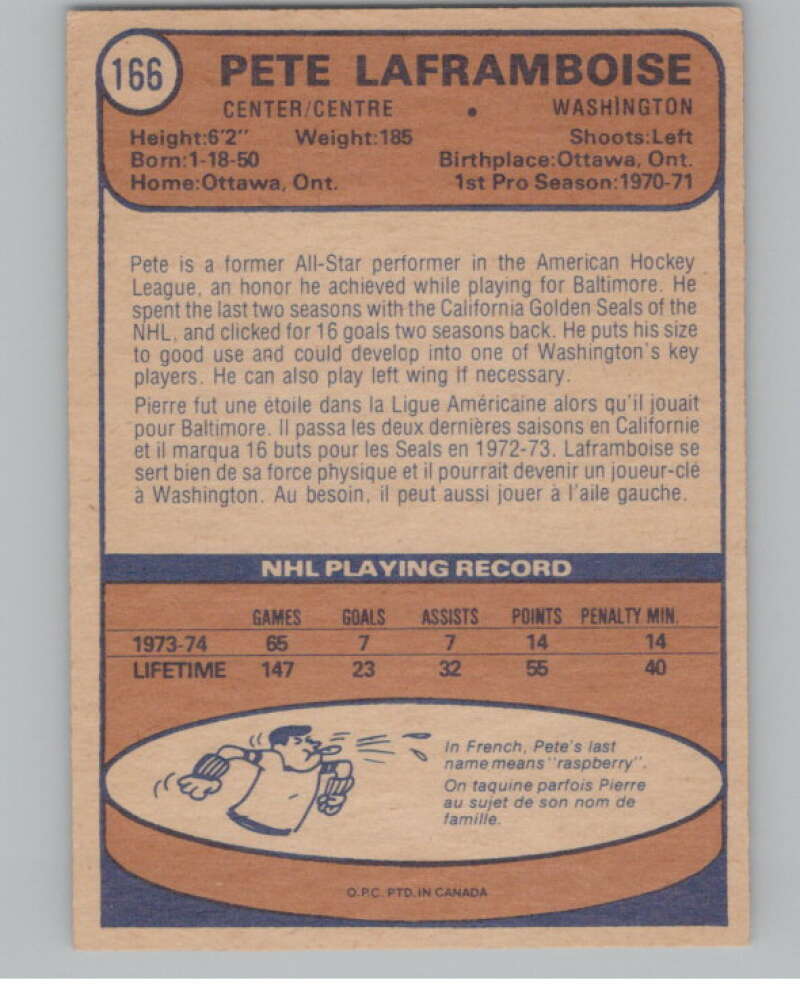 1974-75 O-Pee-Chee #166 Pete Laframboise NHL Washington Capitals  V103369 Image 2