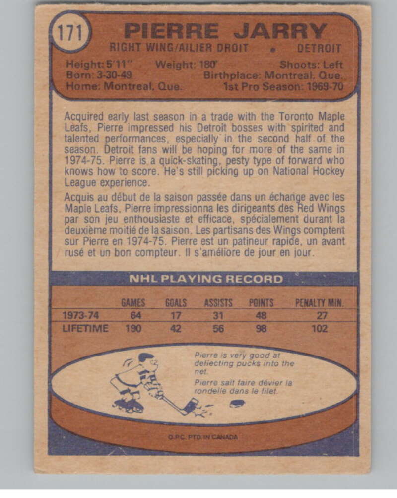 1974-75 O-Pee-Chee #171 Pierre Jarry NHL Detroit Red Wings  V103371 Image 2