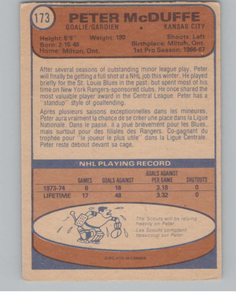 1974-75 O-Pee-Chee #173 Peter McDuffe NHL Kansas City Scouts  V103372 Image 2