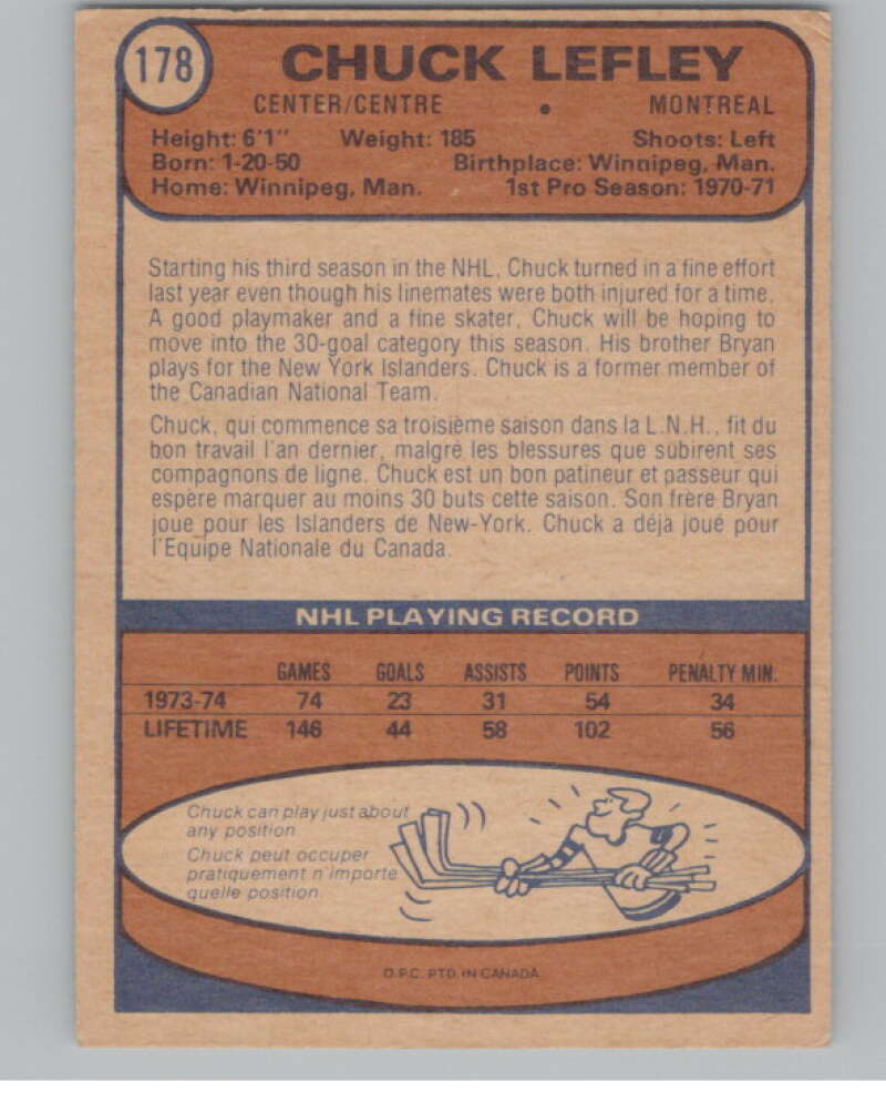 1974-75 O-Pee-Chee #178 Chuck Lefley UER NHL Montreal Canadiens  V103373 Image 2
