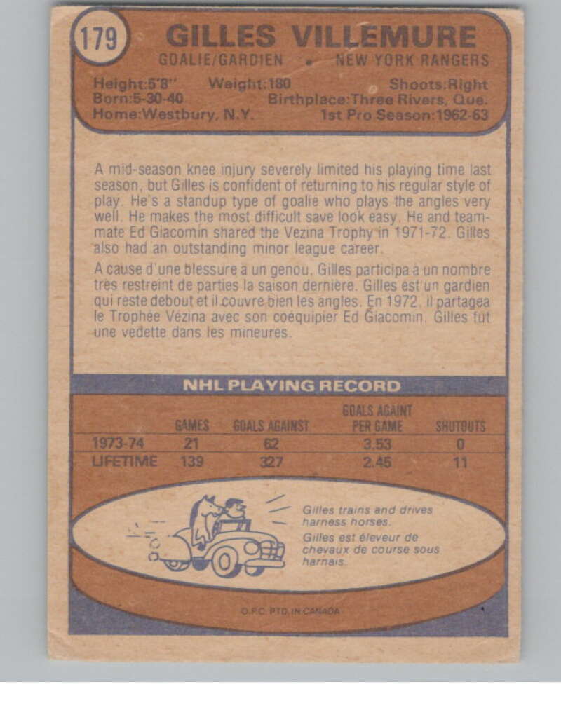 1974-75 O-Pee-Chee #179 Gilles Villemure NHL New York Rangers  V103374 Image 2