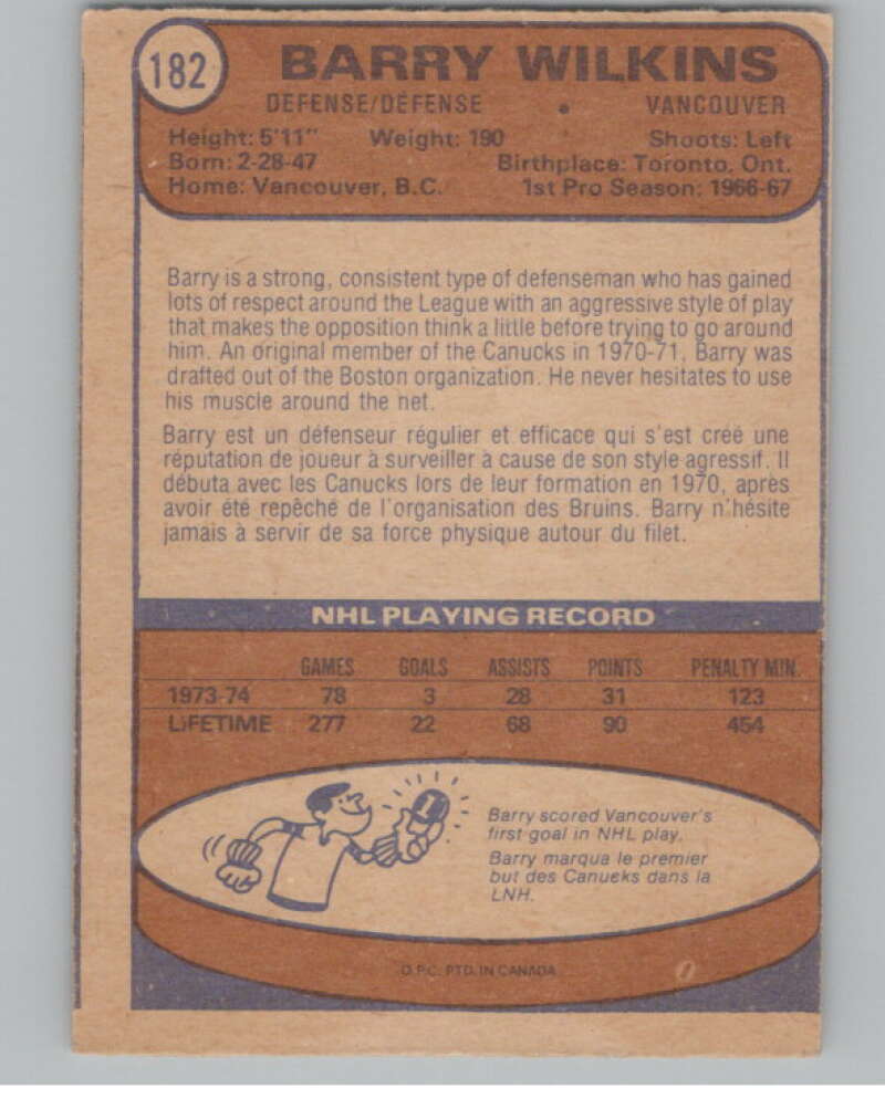 1974-75 O-Pee-Chee #182 Barry Wilkins NHL Vancouver Canucks  V103375 Image 2