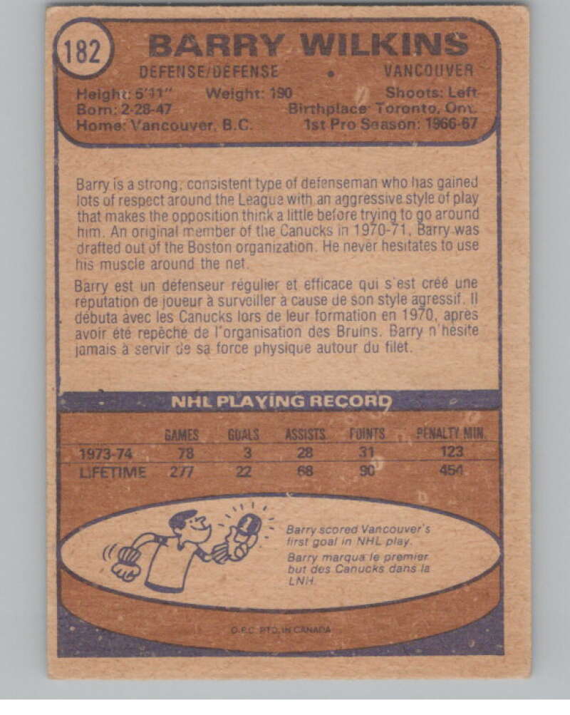 1974-75 O-Pee-Chee #182 Barry Wilkins NHL Vancouver Canucks  V103376 Image 2