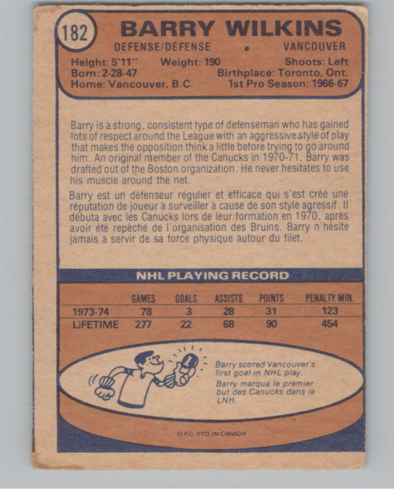 1974-75 O-Pee-Chee #182 Barry Wilkins NHL Vancouver Canucks  V103377 Image 2