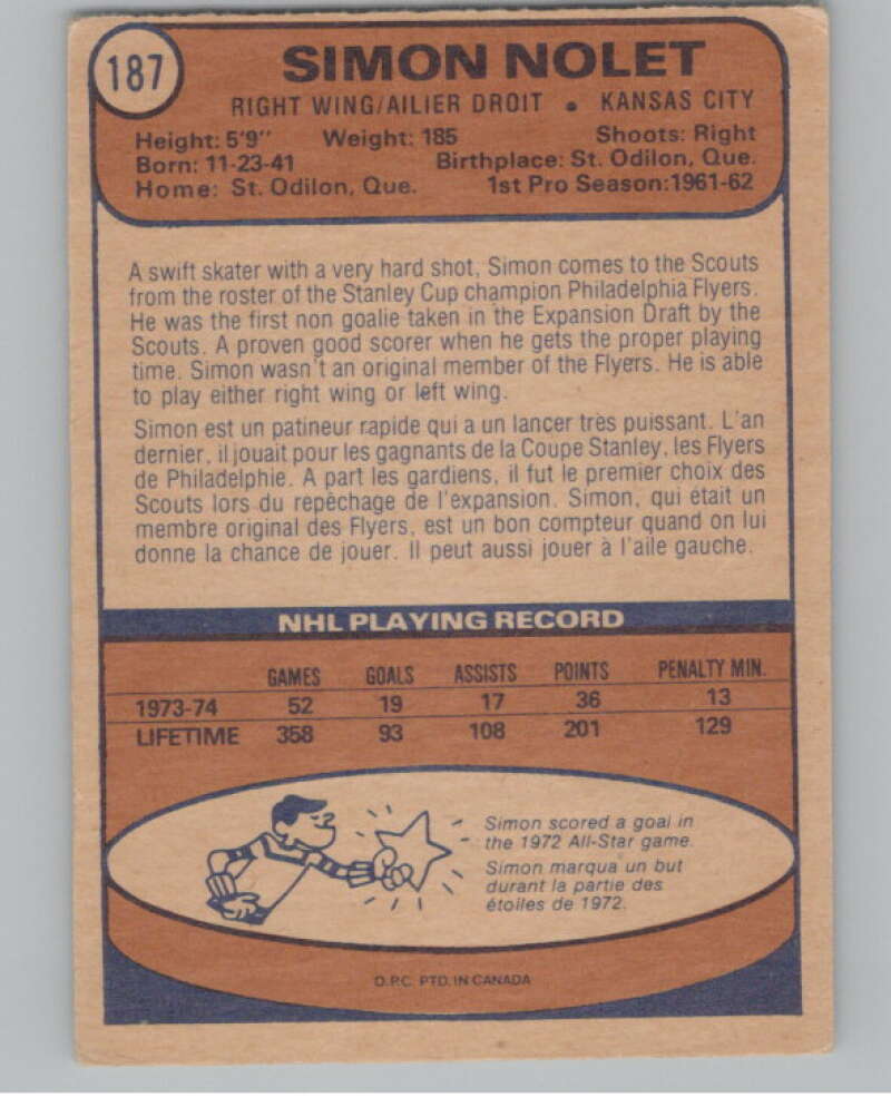 1974-75 O-Pee-Chee #187 Simon Nolet NHL Kansas City Scouts  V103380 Image 2