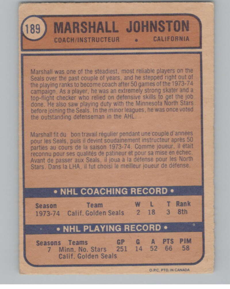 1974-75 O-Pee-Chee #189 Marshall Johnston NHL California Golden Seals  V103383 Image 2
