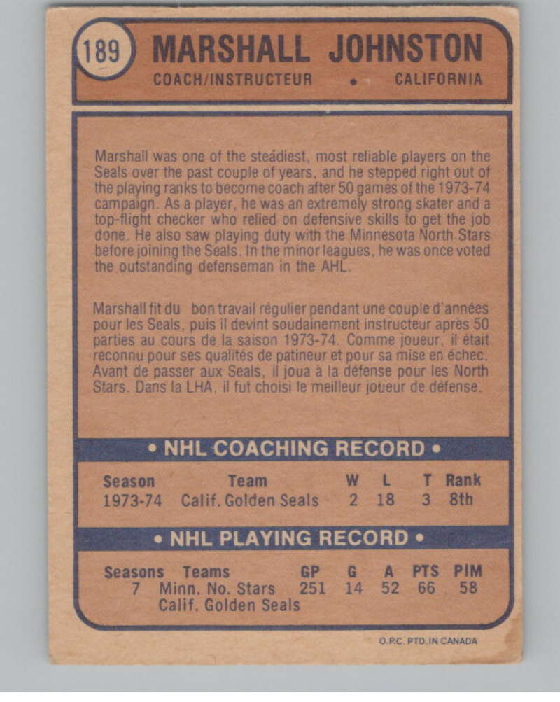 1974-75 O-Pee-Chee #189 Marshall Johnston NHL California Golden Seals  V103384 Image 2