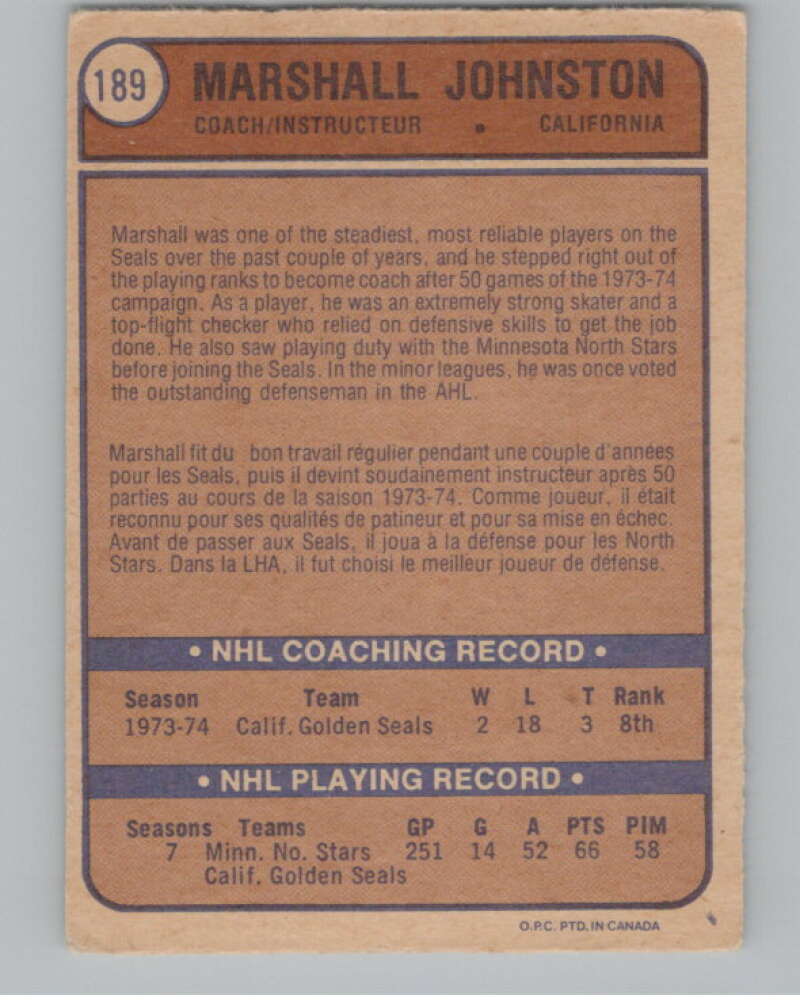 1974-75 O-Pee-Chee #189 Marshall Johnston NHL California Golden Seals  V103385 Image 2