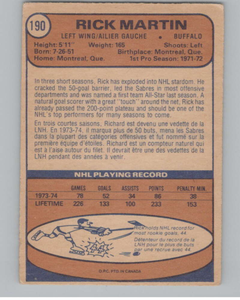 1974-75 O-Pee-Chee #190 Rick Martin NHL Buffalo Sabres  V103386 Image 2