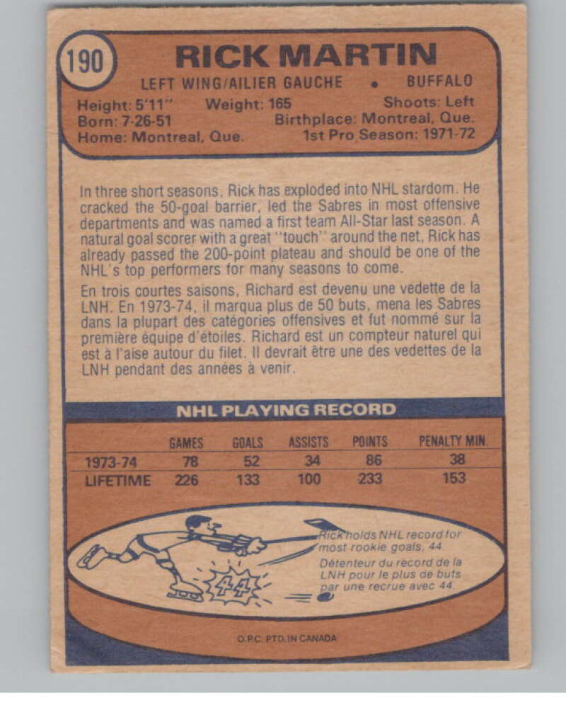 1974-75 O-Pee-Chee #190 Rick Martin NHL Buffalo Sabres  V103387 Image 2