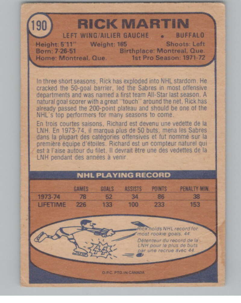 1974-75 O-Pee-Chee #190 Rick Martin NHL Buffalo Sabres  V103388 Image 2