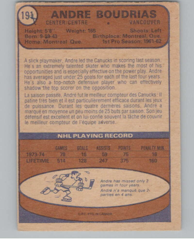 1974-75 O-Pee-Chee #191 Andre Boudrias NHL Vancouver Canucks  V103389 Image 2