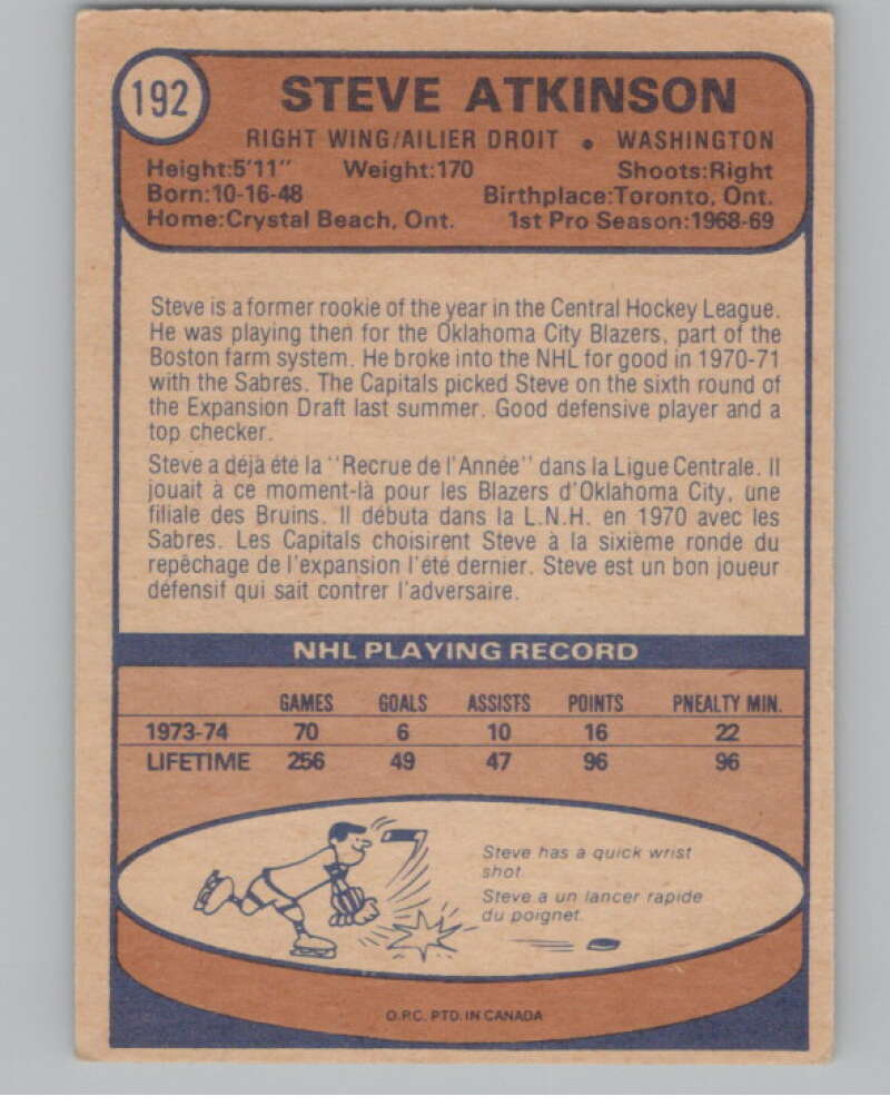 1974-75 O-Pee-Chee #192 Steve Atkinson NHL Washington Capitals  V103390 Image 2
