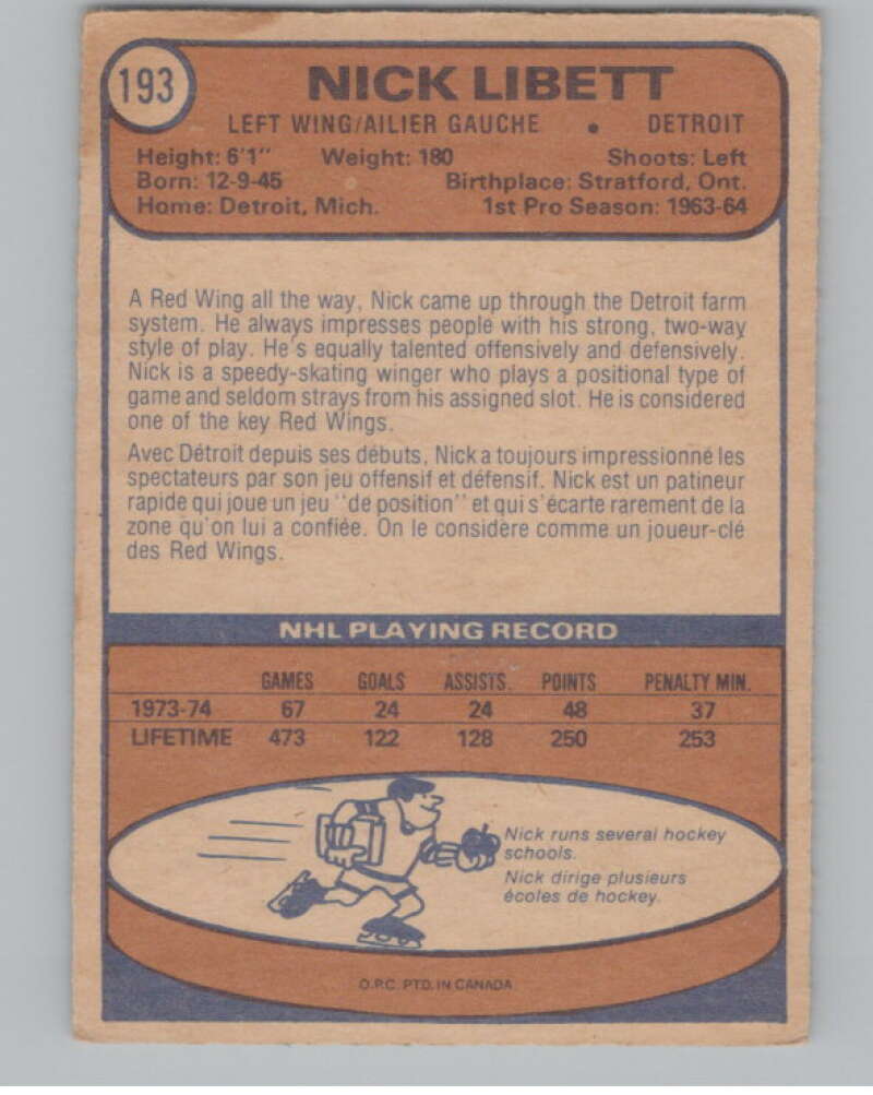 1974-75 O-Pee-Chee #193 Nick Libett NHL Detroit Red Wings  V103391 Image 2