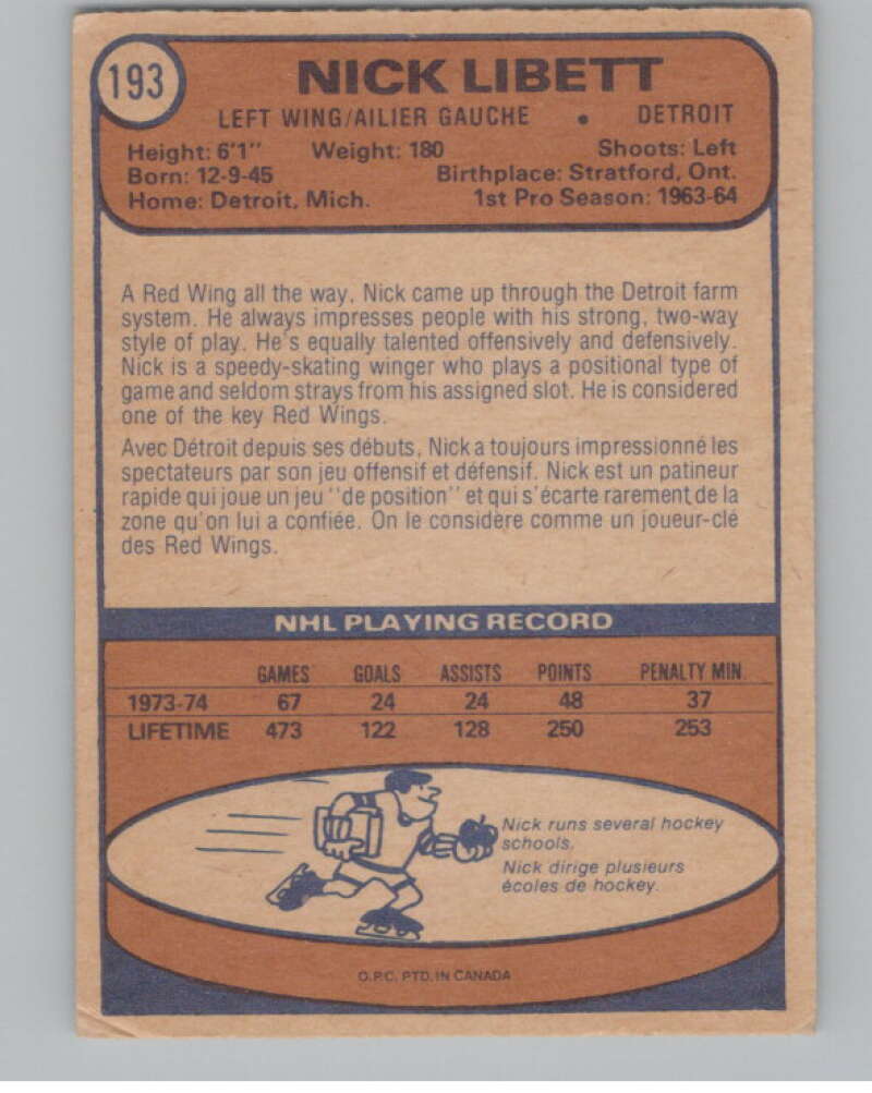 1974-75 O-Pee-Chee #193 Nick Libett NHL Detroit Red Wings  V103392 Image 2