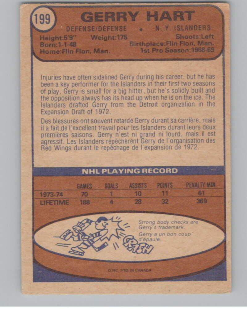 1974-75 O-Pee-Chee #199 Gerry Hart NHL New York Islanders  V103395 Image 2