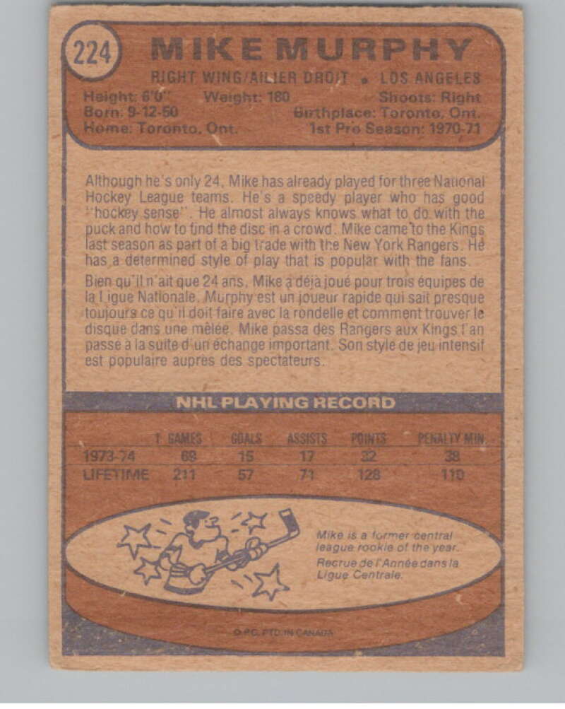 1974-75 O-Pee-Chee #224 Mike Murphy NHL Los Angeles Kings  V103402 Image 2