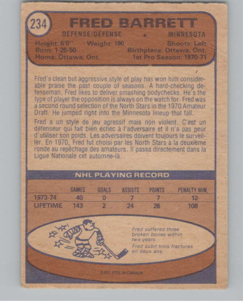1974-75 O-Pee-Chee #234 Fred Barrett NHL Minnesota North Stars  V103404 Image 2