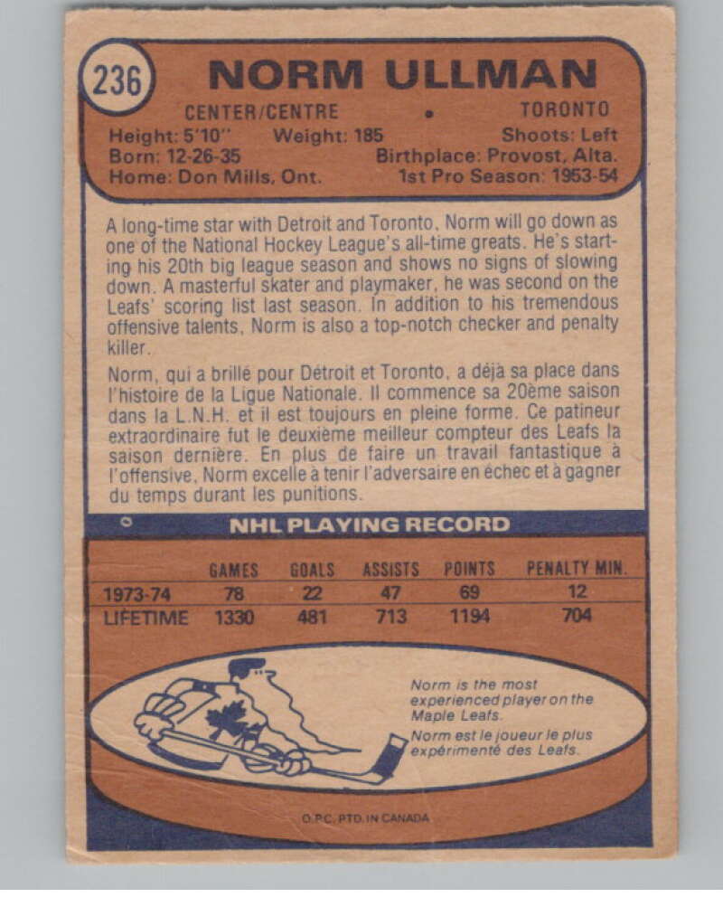 1974-75 O-Pee-Chee #236 Norm Ullman NHL Toronto Maple Leafs  V103406 Image 2