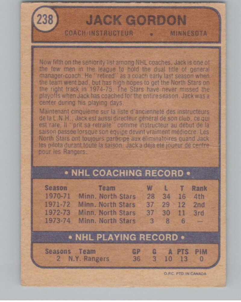 1974-75 O-Pee-Chee #238 Jack Gordon CO NHL RC Rookie North Stars  V103407 Image 2