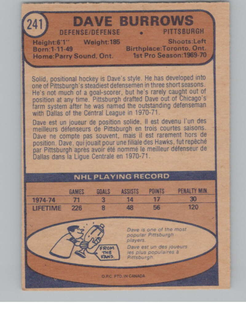 1974-75 O-Pee-Chee #241 Dave Burrows UER NHL Pittsburgh Penguins  V103408 Image 2