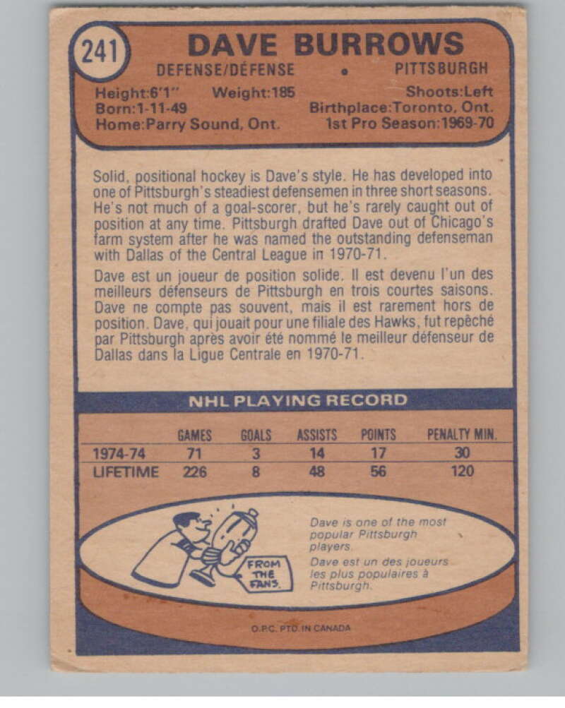 1974-75 O-Pee-Chee #241 Dave Burrows UER NHL Pittsburgh Penguins  V103409 Image 2