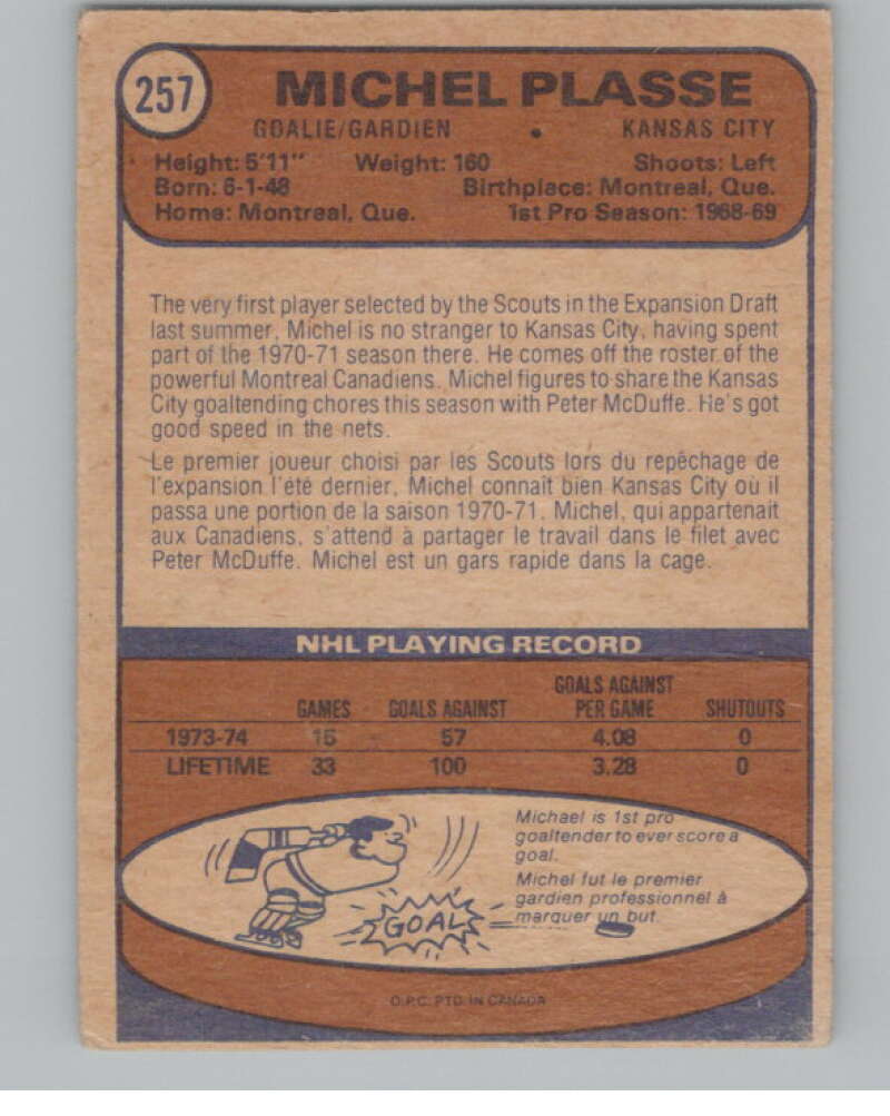 1974-75 O-Pee-Chee #257 Michel Plasse NHL Kansas City Scouts  V103410 Image 2