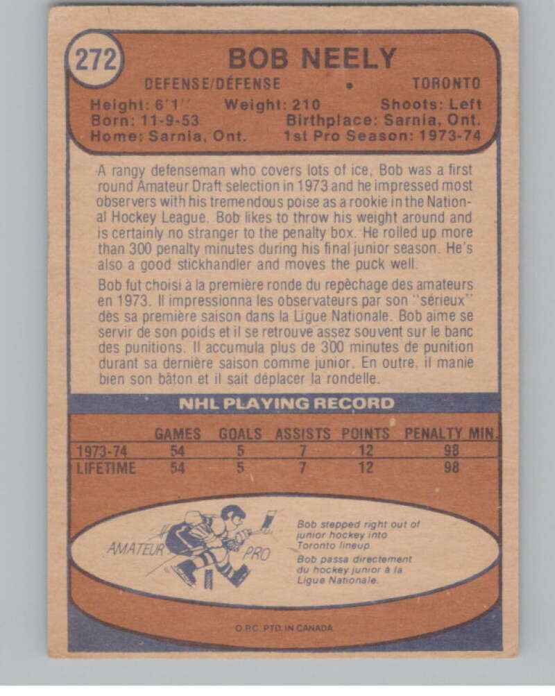 1974-75 O-Pee-Chee #272 Bob Neely NHL RC Rookie Maple Leafs  V103414 Image 2