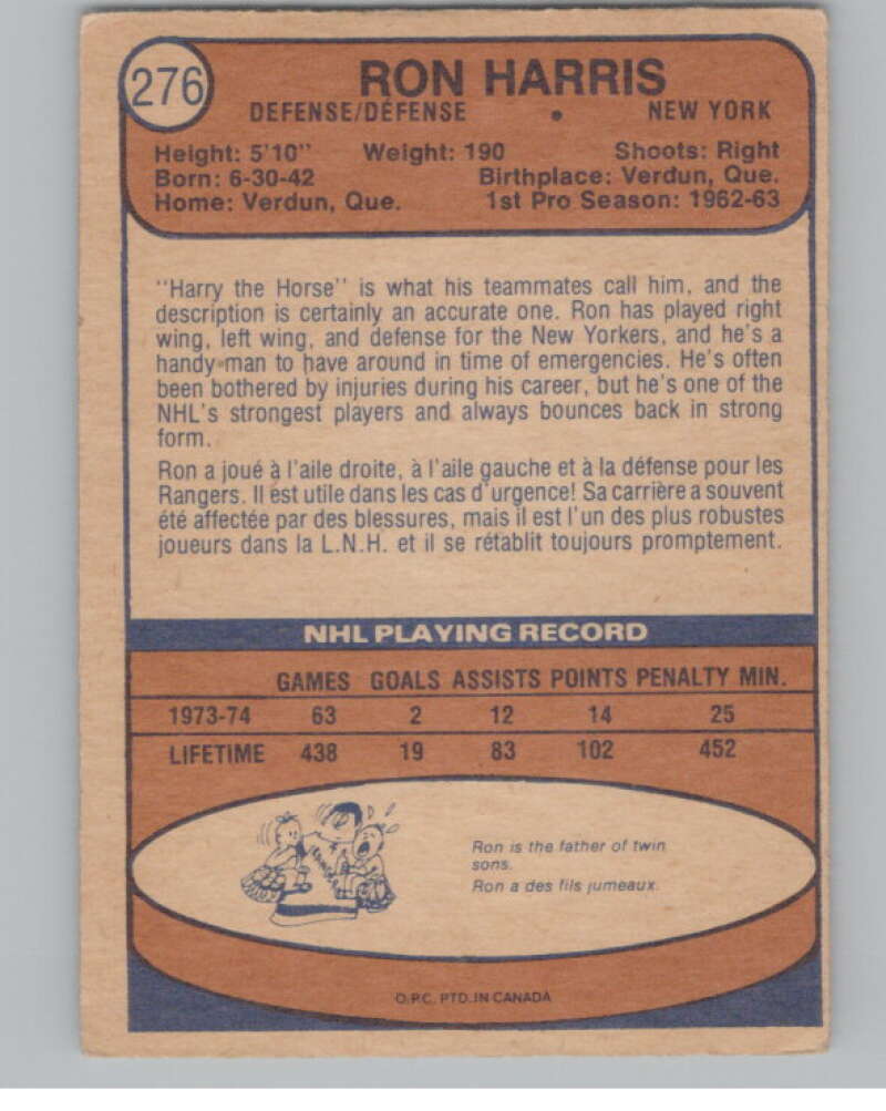 1974-75 O-Pee-Chee #276 Ron Harris NHL New York Rangers  V103415 Image 2