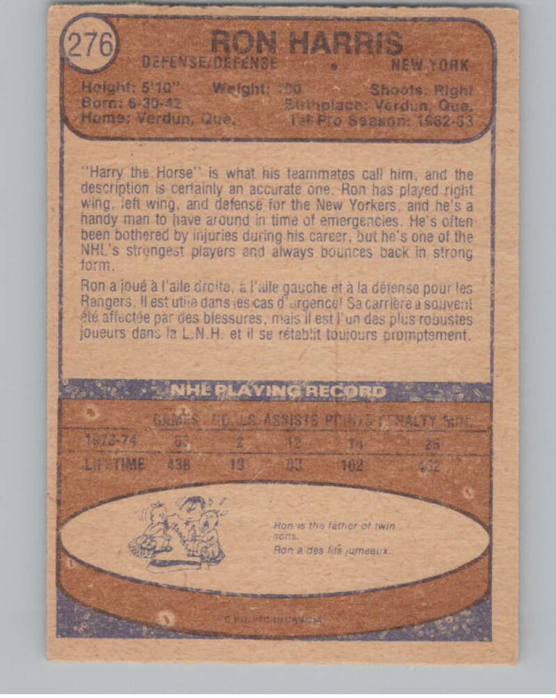 1974-75 O-Pee-Chee #276 Ron Harris NHL New York Rangers  V103416 Image 2