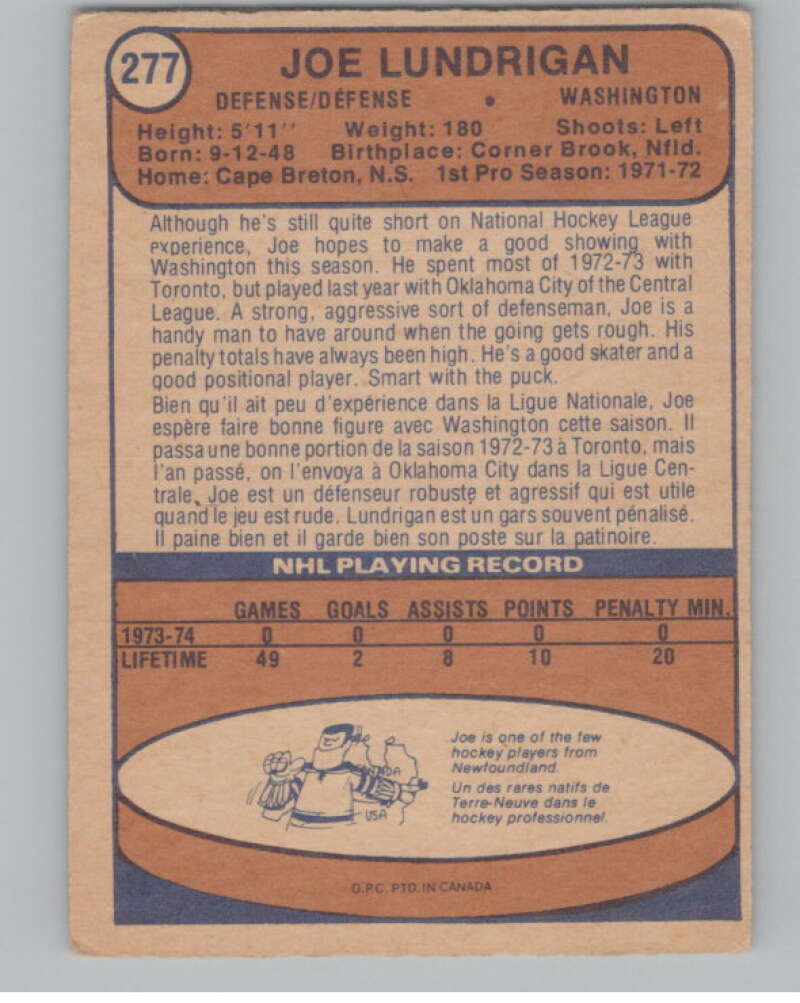 1974-75 O-Pee-Chee #277 Joe Lundrigan NHL RC Rookie Capitals  V103417 Image 2