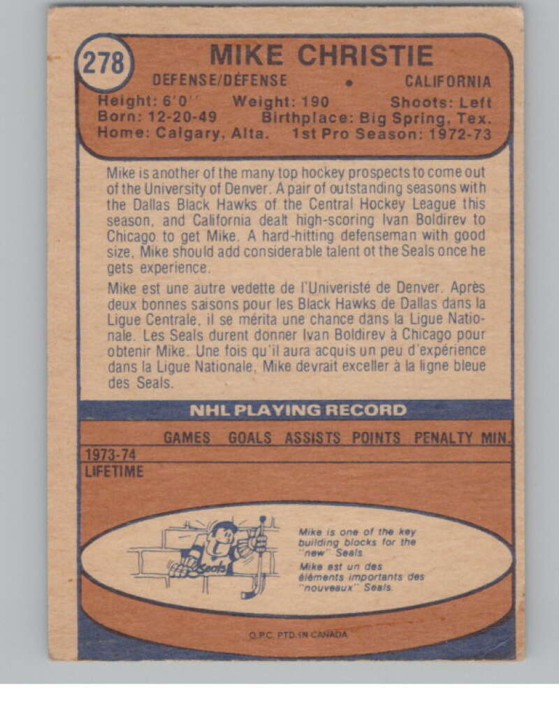 1974-75 O-Pee-Chee #278 Mike Christie RC Rookie Golden Seals V103418 Image 2