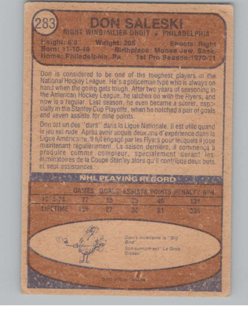 1974-75 O-Pee-Chee #283 Don Saleski NHL Philadelphia Flyers  V103419 Image 2