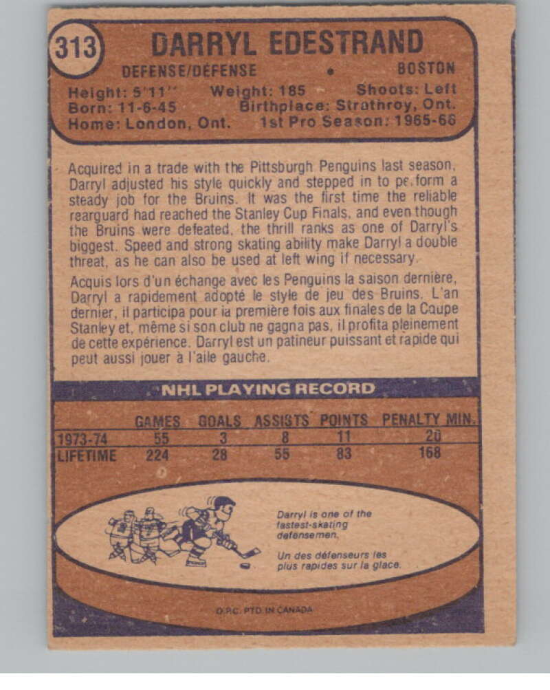 1974-75 O-Pee-Chee #313 Darryl Edestrand NHL Boston Bruins  V103425 Image 2