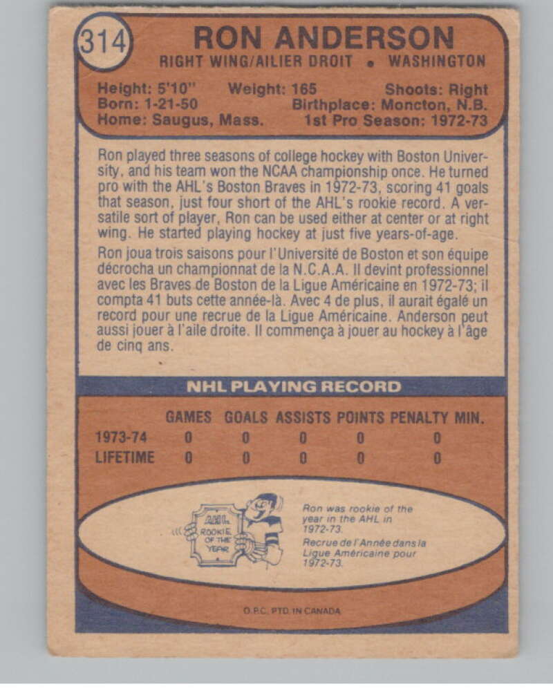 1974-75 O-Pee-Chee #314 Ron Anderson NHL RC Rookie Capitals  V103427 Image 2