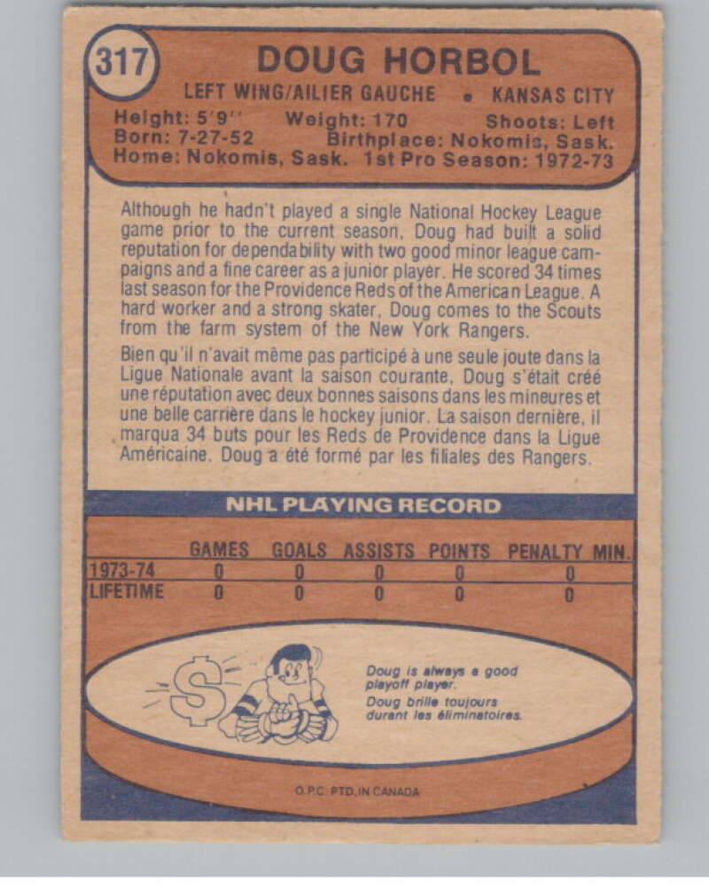 1974-75 O-Pee-Chee #317 Doug Horbul NHL RC Rookie Kansas Scouts  V103429 Image 2