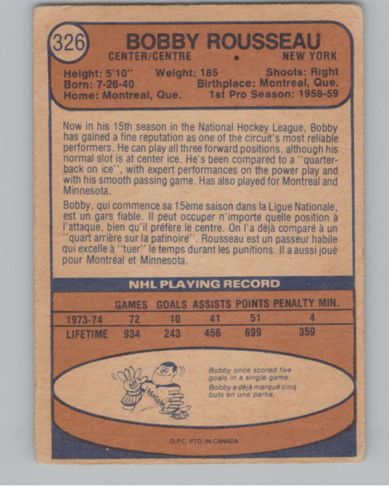 1974-75 O-Pee-Chee #326 Bobby Rousseau NHL New York Rangers  V103432 Image 2