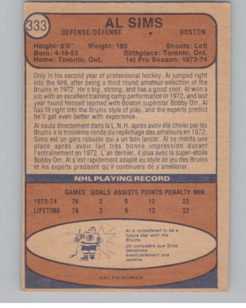 1974-75 O-Pee-Chee #333 Al Sims NHL RC Rookie Boston Bruins  V103433 Image 2