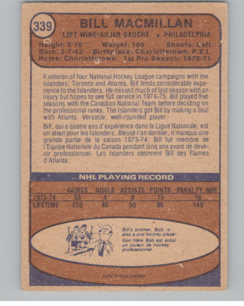 1974-75 O-Pee-Chee #339 Bill MacMillan NHL New York Islanders  V103434 Image 2