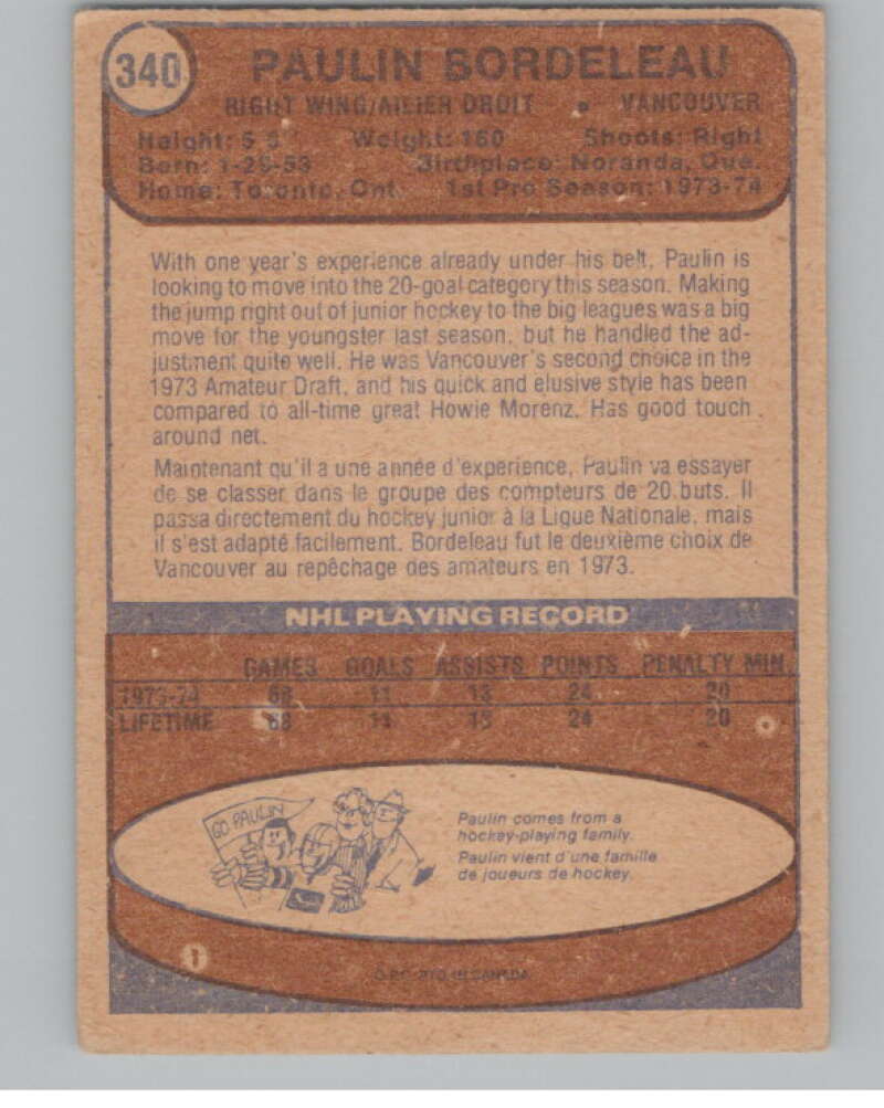1974-75 O-Pee-Chee #340 Paulin Bordeleau NHL RC Rookie Canucks  V103435 Image 2