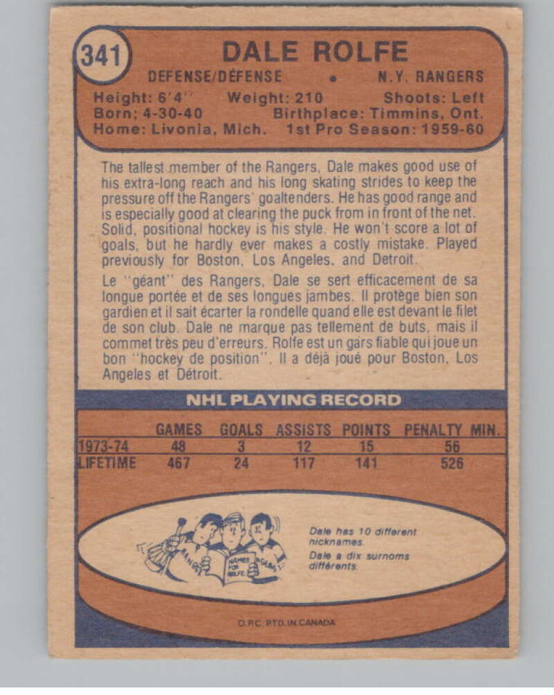 1974-75 O-Pee-Chee #341 Dale Rolfe NHL New York Rangers  V103436 Image 2