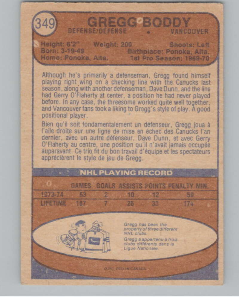 1974-75 O-Pee-Chee #349 Gregg Boddy NHL Vancouver Canucks  V103438 Image 2