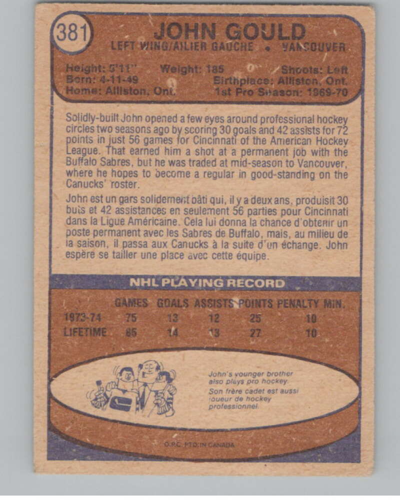 1974-75 O-Pee-Chee #381 John Gould NHL RC Rookie Canucks  V103445 Image 2