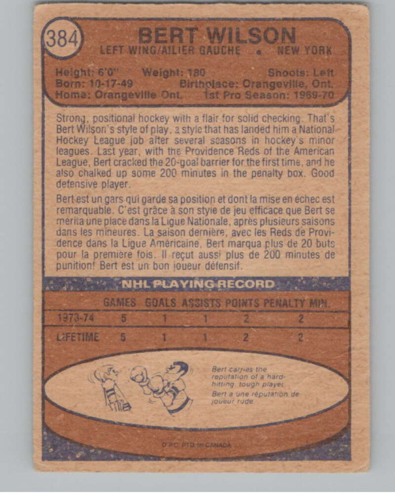 1974-75 O-Pee-Chee #384 Bert Wilson NHL RC Rookie New York Rangers  V103446 Image 2
