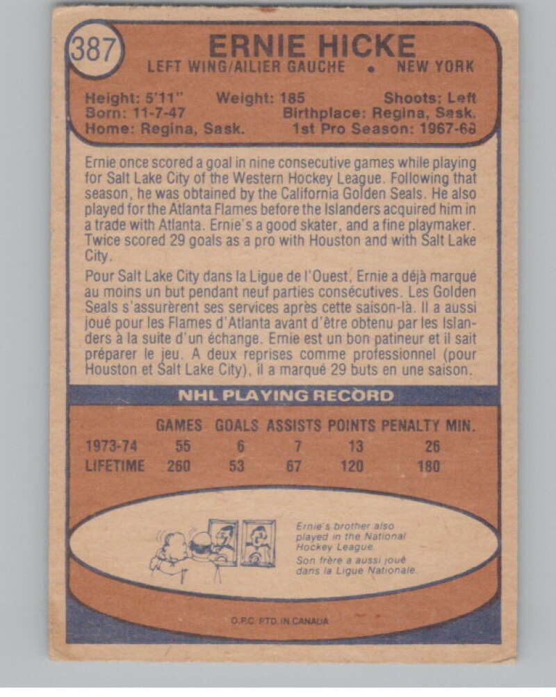 1974-75 O-Pee-Chee #387 Ernie Hicke NHL New York Islanders  V103448 Image 2