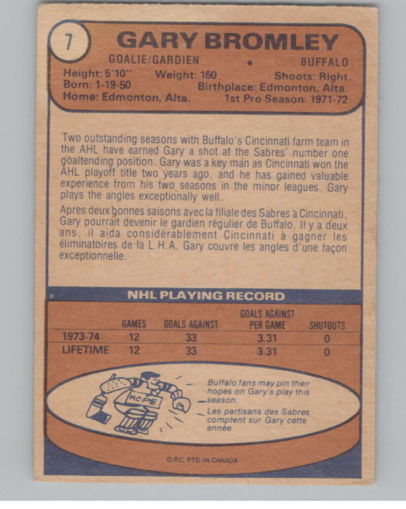 1974-75 O-Pee-Chee #7 Gary Bromley  RC Rookie Buffalo Sabres  V103452 Image 2