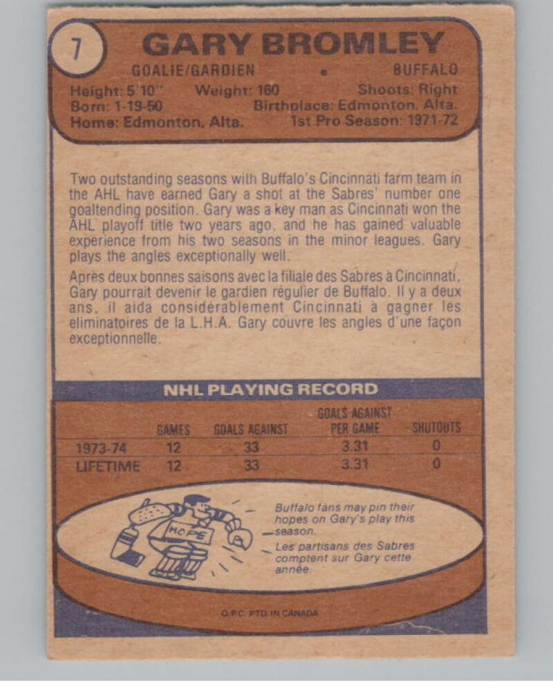 1974-75 O-Pee-Chee #7 Gary Bromley  RC Rookie Buffalo Sabres  V103453 Image 2