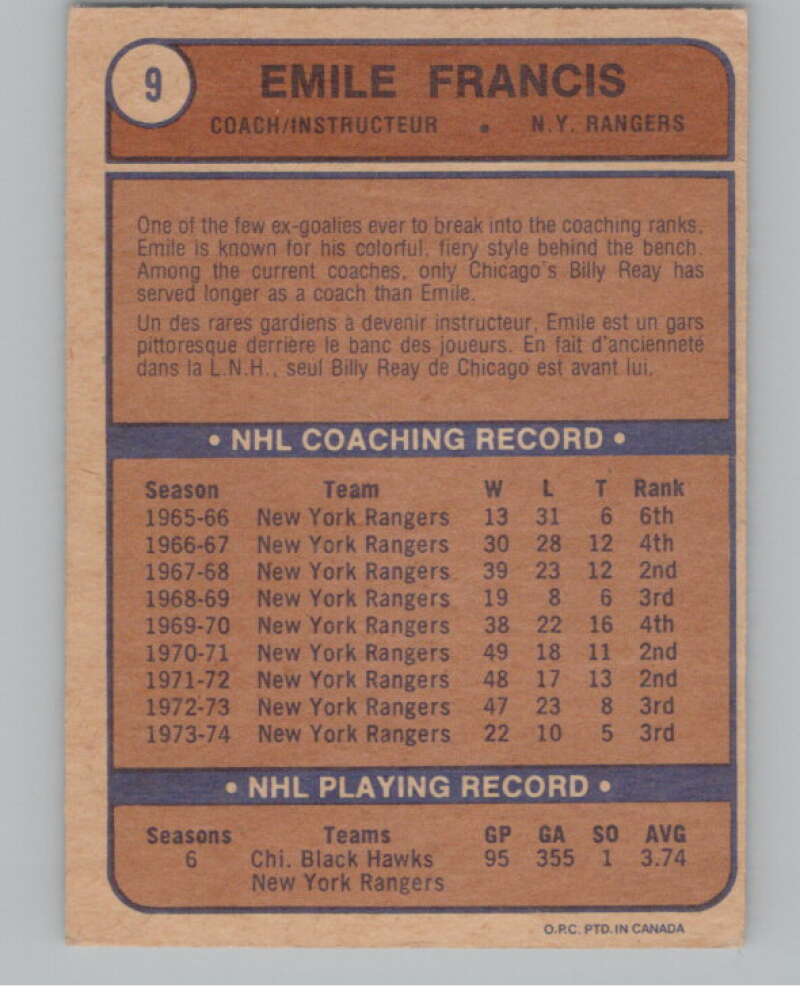 1974-75 O-Pee-Chee #9 Emile Francis CO  New York Rangers  V103454 Image 2